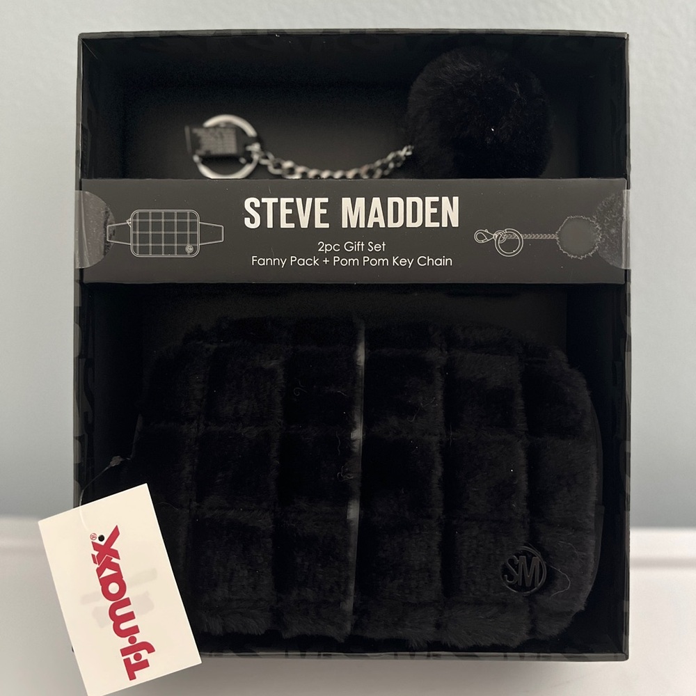 Steve Madden Black Fanny Pack and Pom Pom Key Chain Set